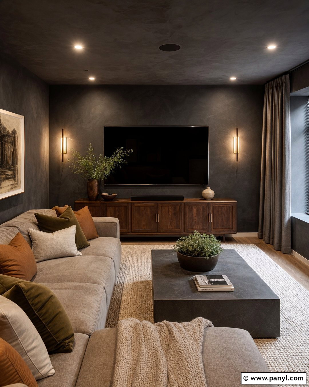 Charcoal Limewash Media Room - 25 Limewash Walls And Ceiling Ideas