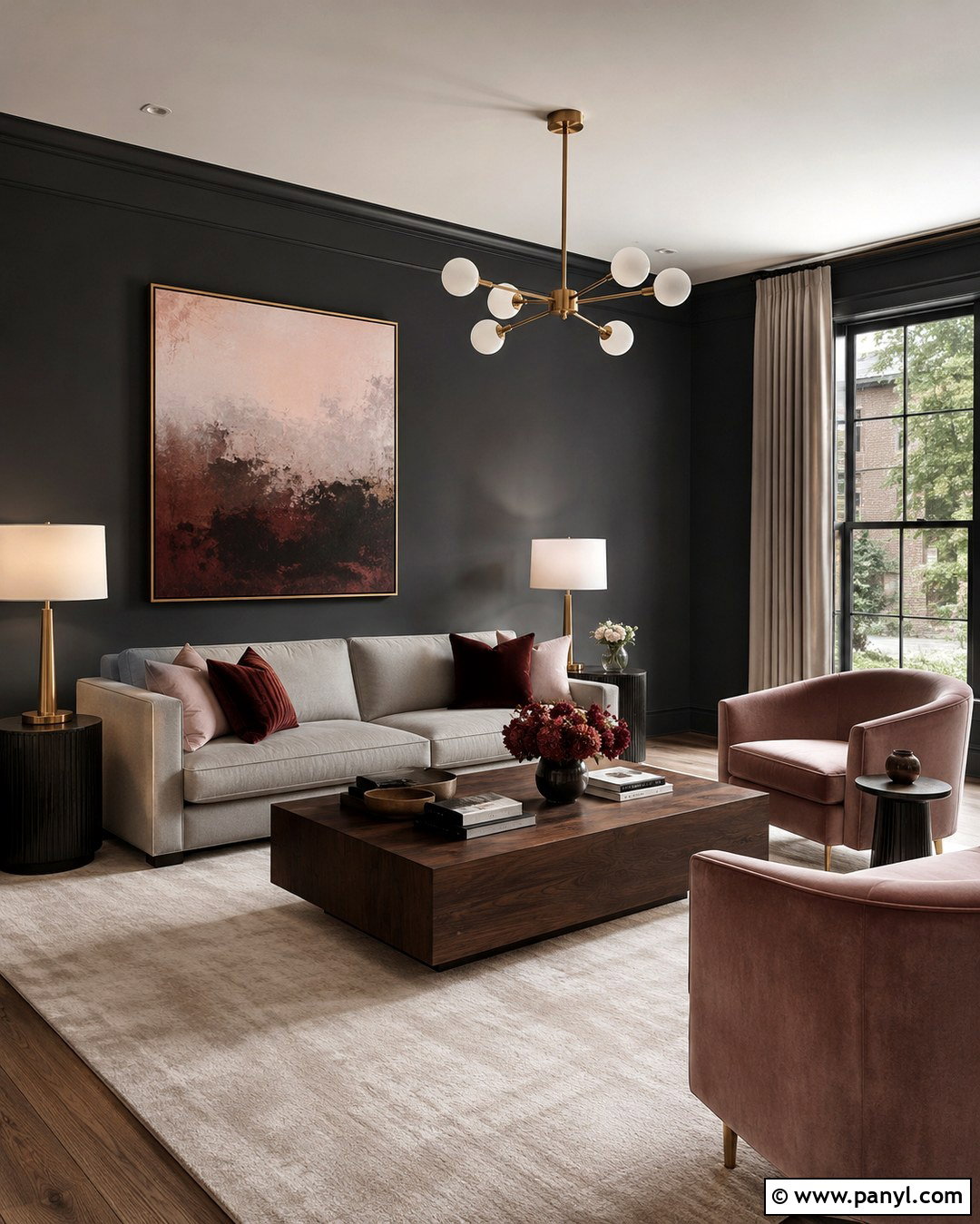 Charcoal Living Room With Blush Accents - 20 Charcoal Wall Color Ideas