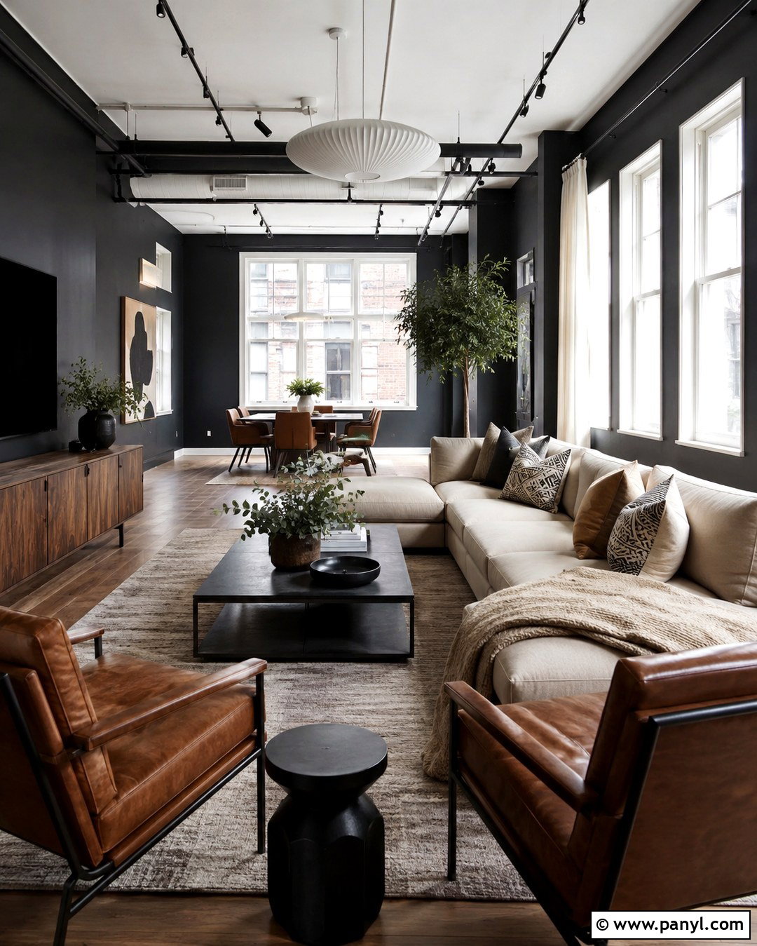 Charcoal Loft Living Room With White Windows - 20 Dark Walls White Windows
