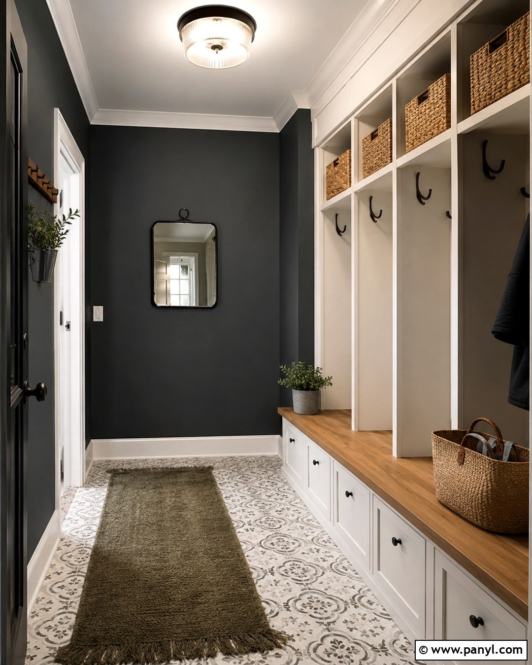 Charcoal Mudroom With White Storage - 20 Charcoal Wall Color Ideas