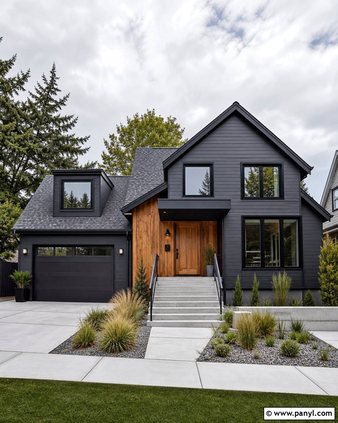 Charcoal Outside Wall Colour With Wood Accents - 35 outside wall colour ideas