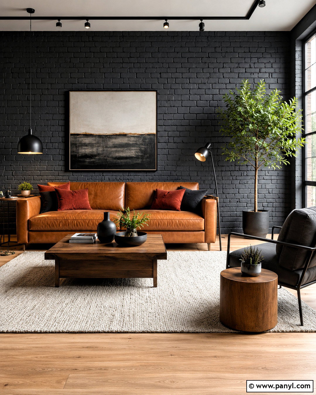 Charcoal Painted Brick Accent Wall - 20 brick painting interior ideas