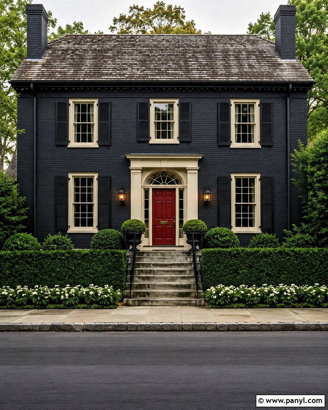 Charcoal Painted Brick With Red Front Door - 20 dark painted brick exterior ideas