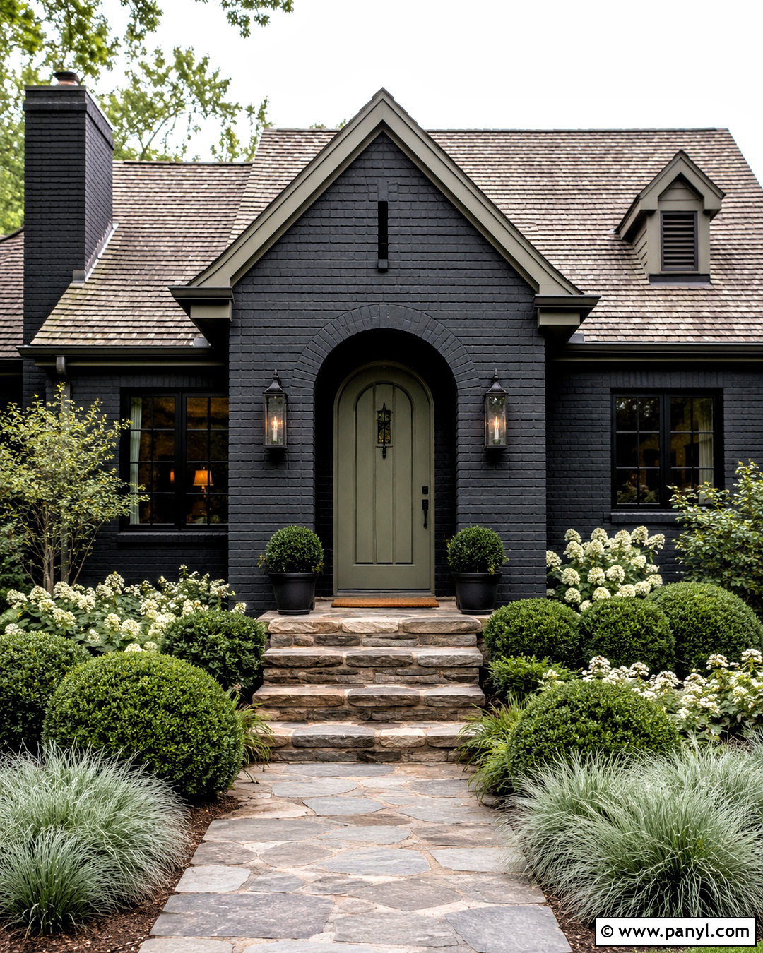 Charcoal Painted Brick With Sage Door - 20 dark painted brick exterior ideas