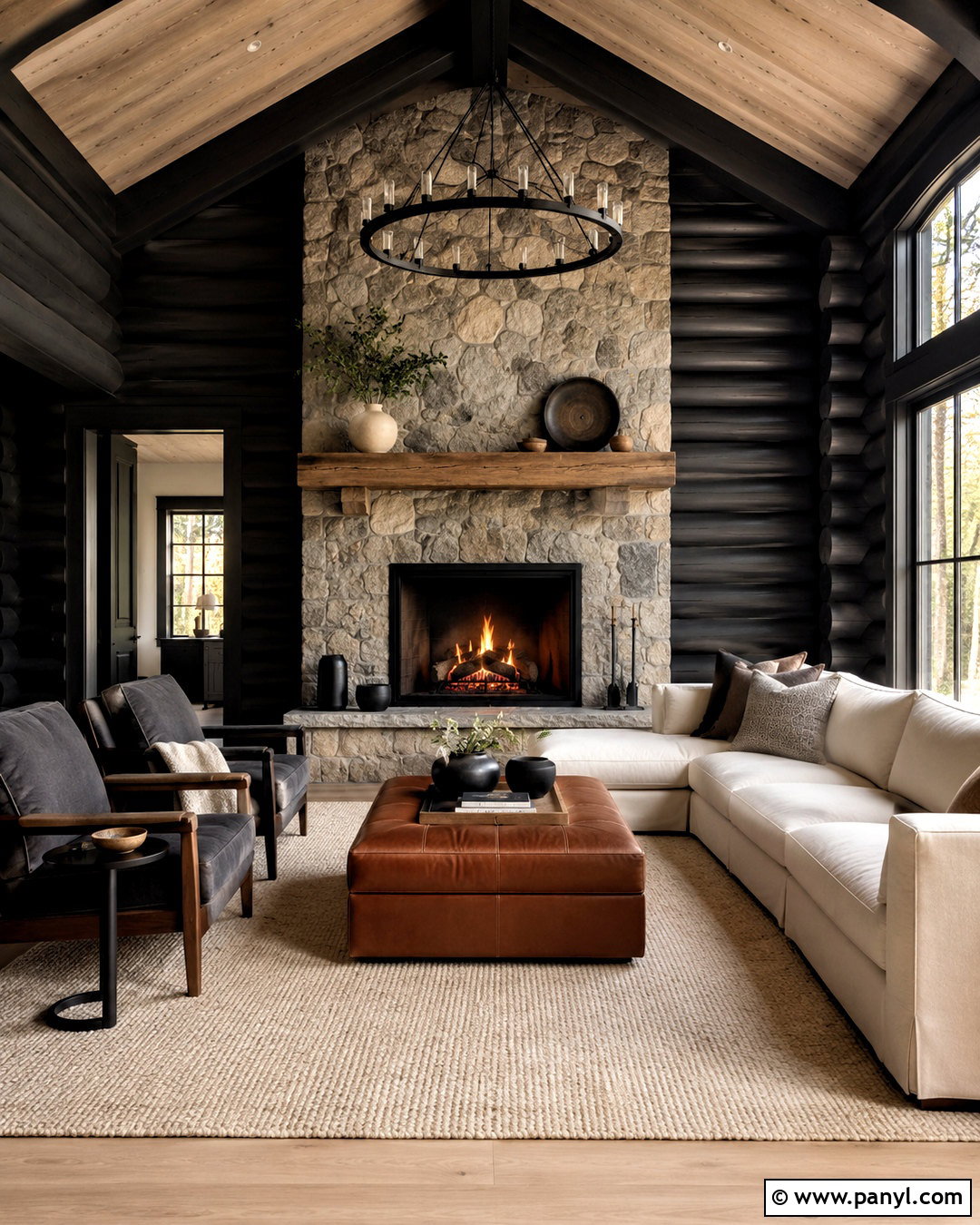 Charcoal Painted Log Fireplace Room - 20 painted log home interior ideas