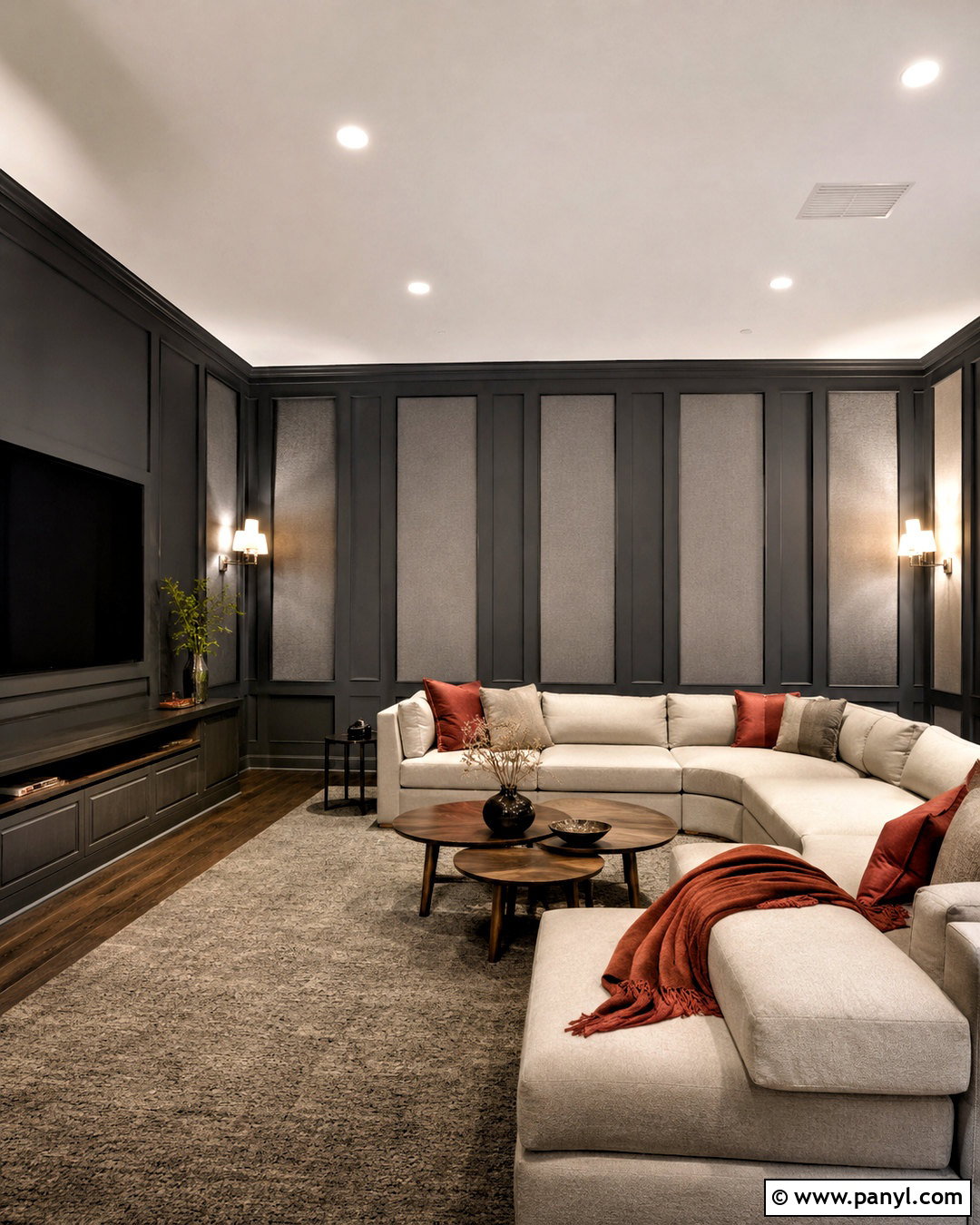 Charcoal Paneled Media Room - 20 dark paneled walls