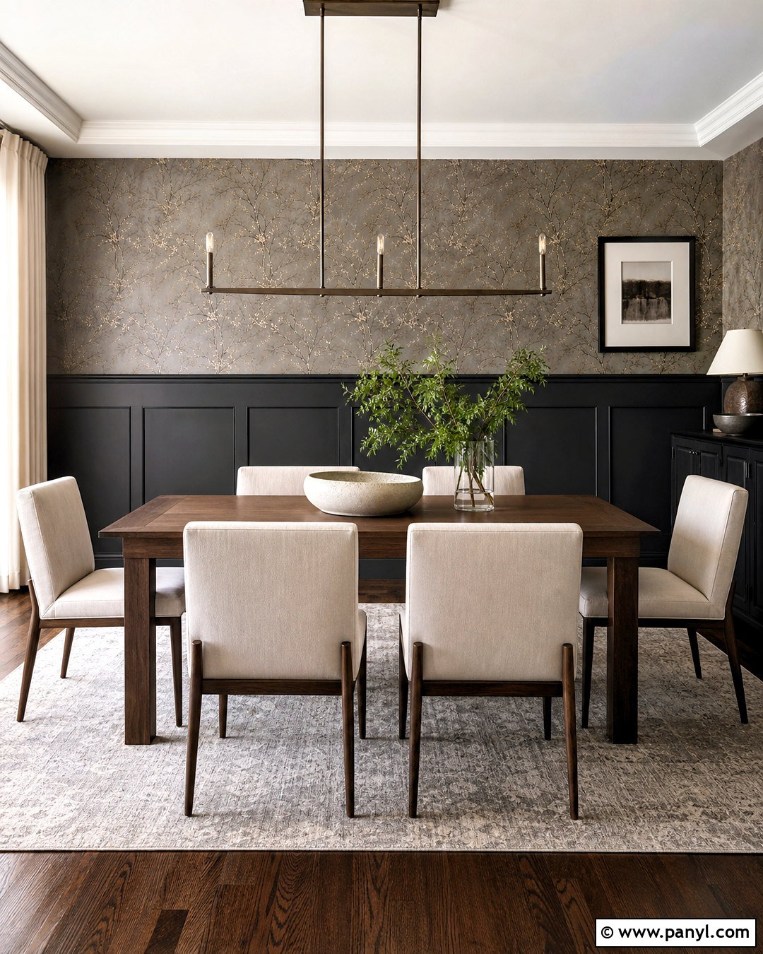 Charcoal Paneling With Metallic Wallpaper - 20 half wallpaper half paneling ideas