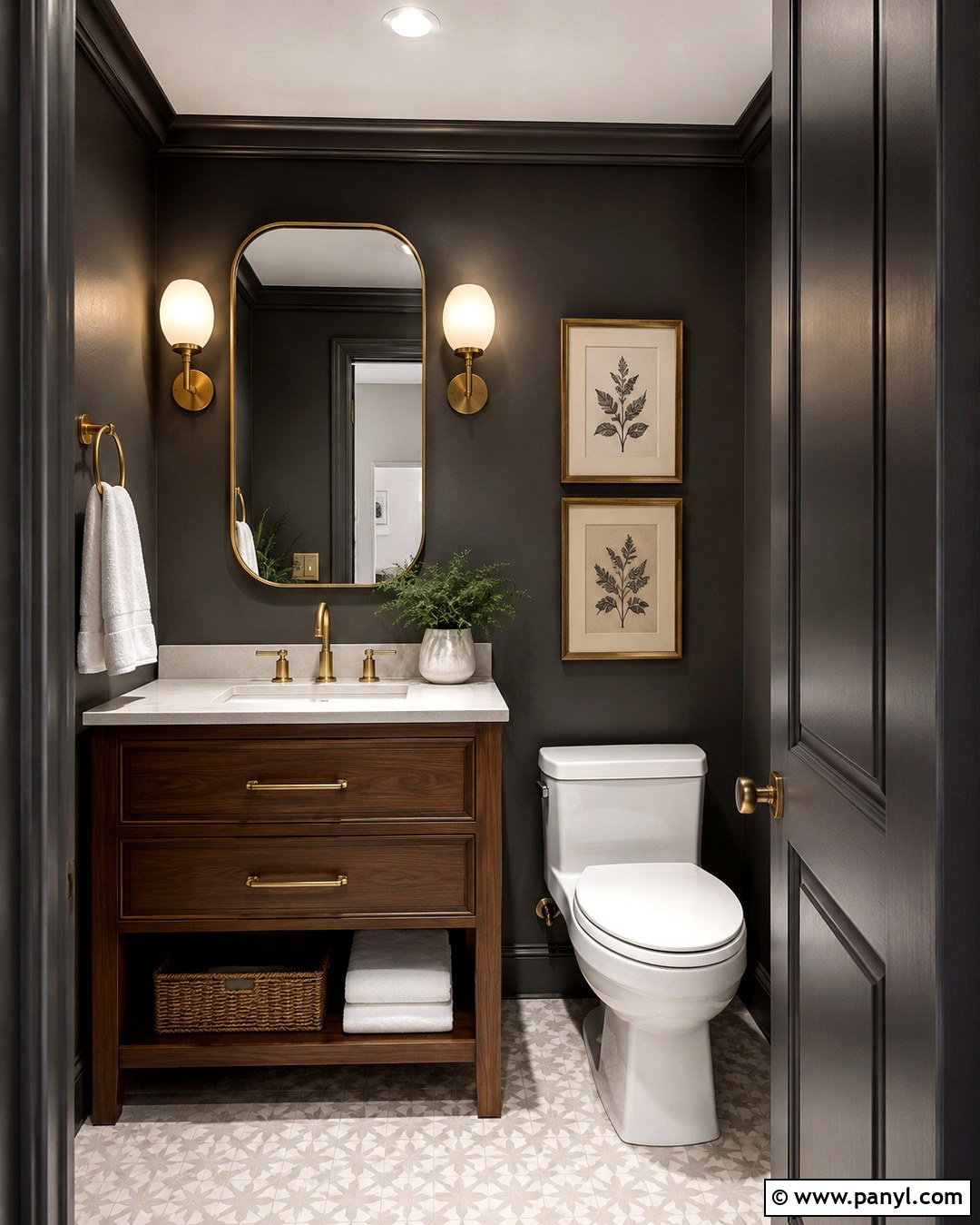 Charcoal Powder Room With Brass Accents - 20 Charcoal Wall Color Ideas