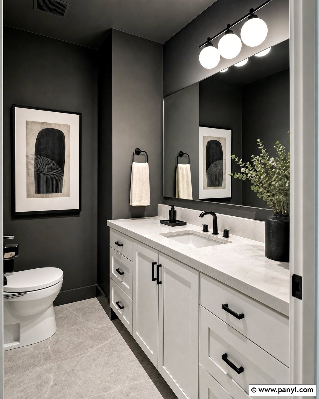 Charcoal Powder Room With White Vanity - 20 dark powder room ideas