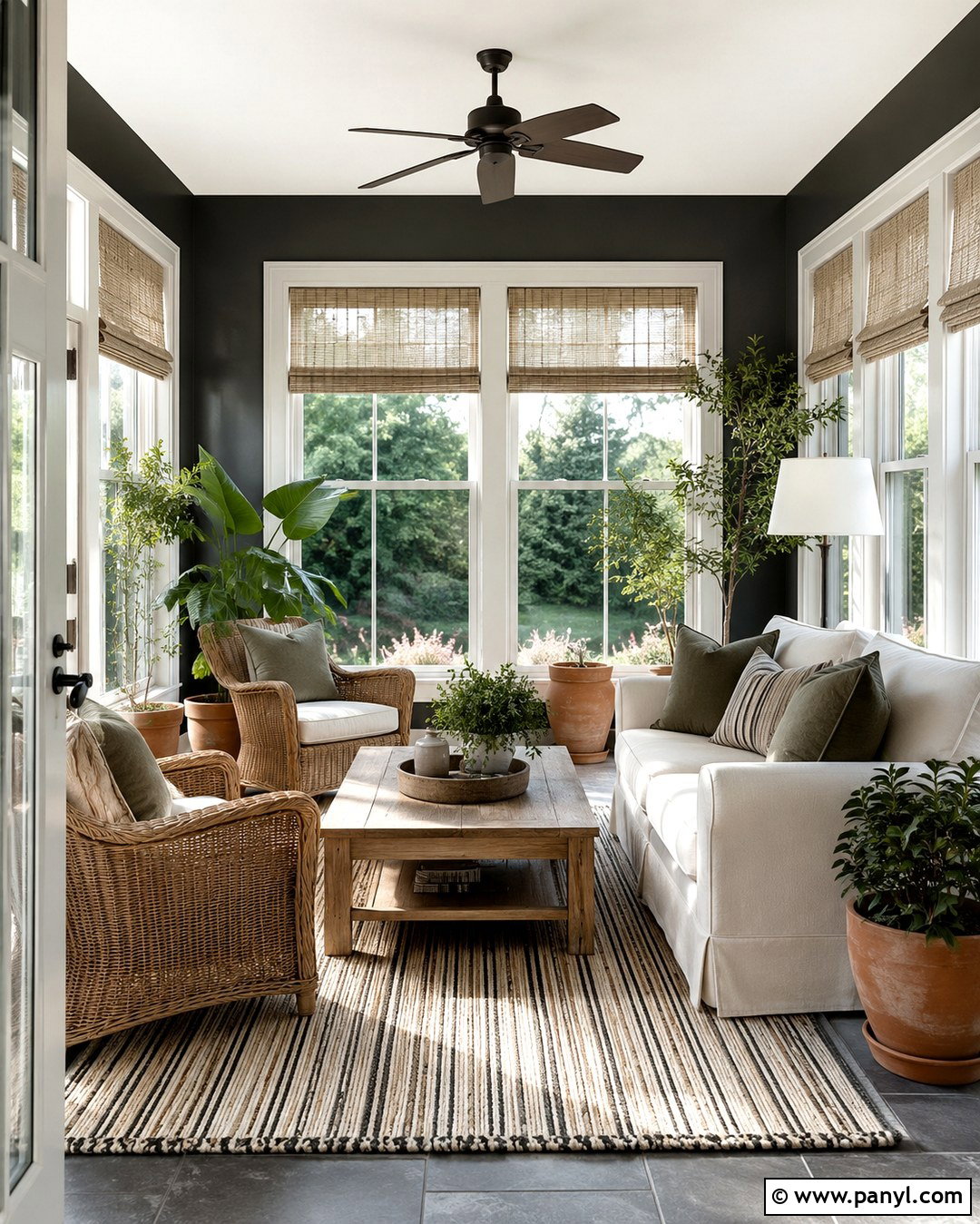 Charcoal Sunroom With Woven Furniture - 20 Charcoal Wall Color Ideas