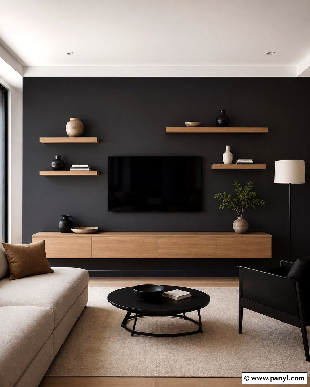 Charcoal TV Wall With Floating Shelves - 20 Tv Wall Dark Paint Ideas