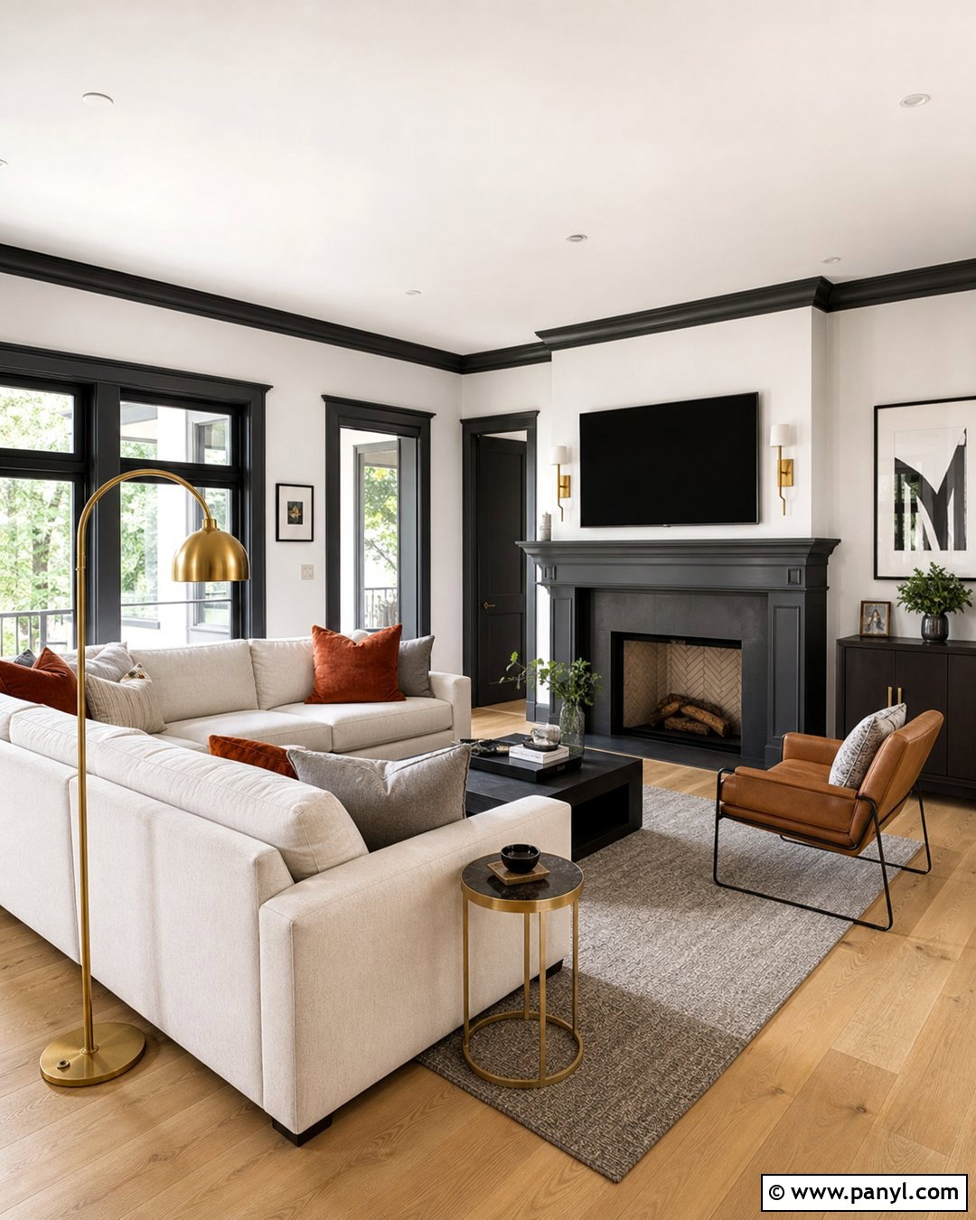 Charcoal Trim With Soft White Walls - 35 Baseboards And Trim Color Ideas