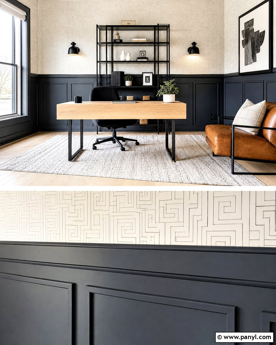 Charcoal Wainscoting With Geometric Wallpaper - 20 wainscoting with wallpaper ideas