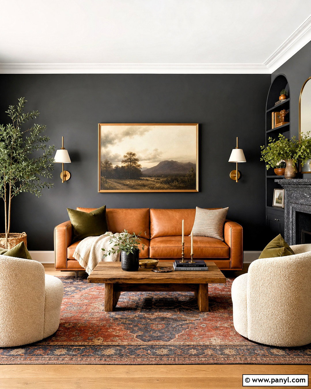 Charcoal Walls With Cognac Leather - 20 charcoal walls living room ideas