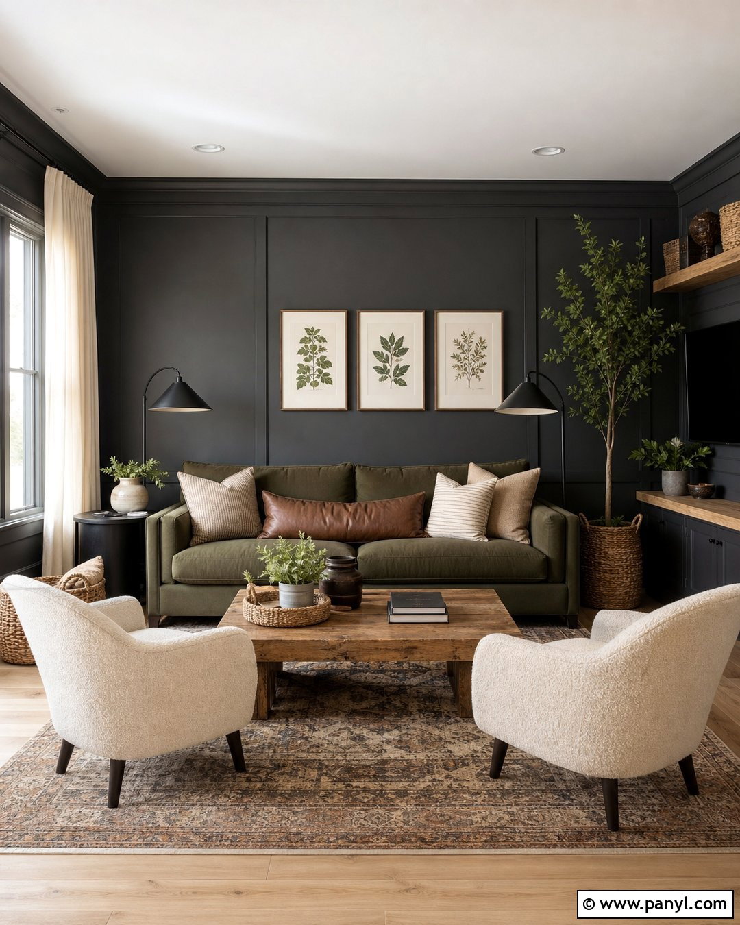Charcoal Walls With Olive Green Decor - 30 Charcoal Walls