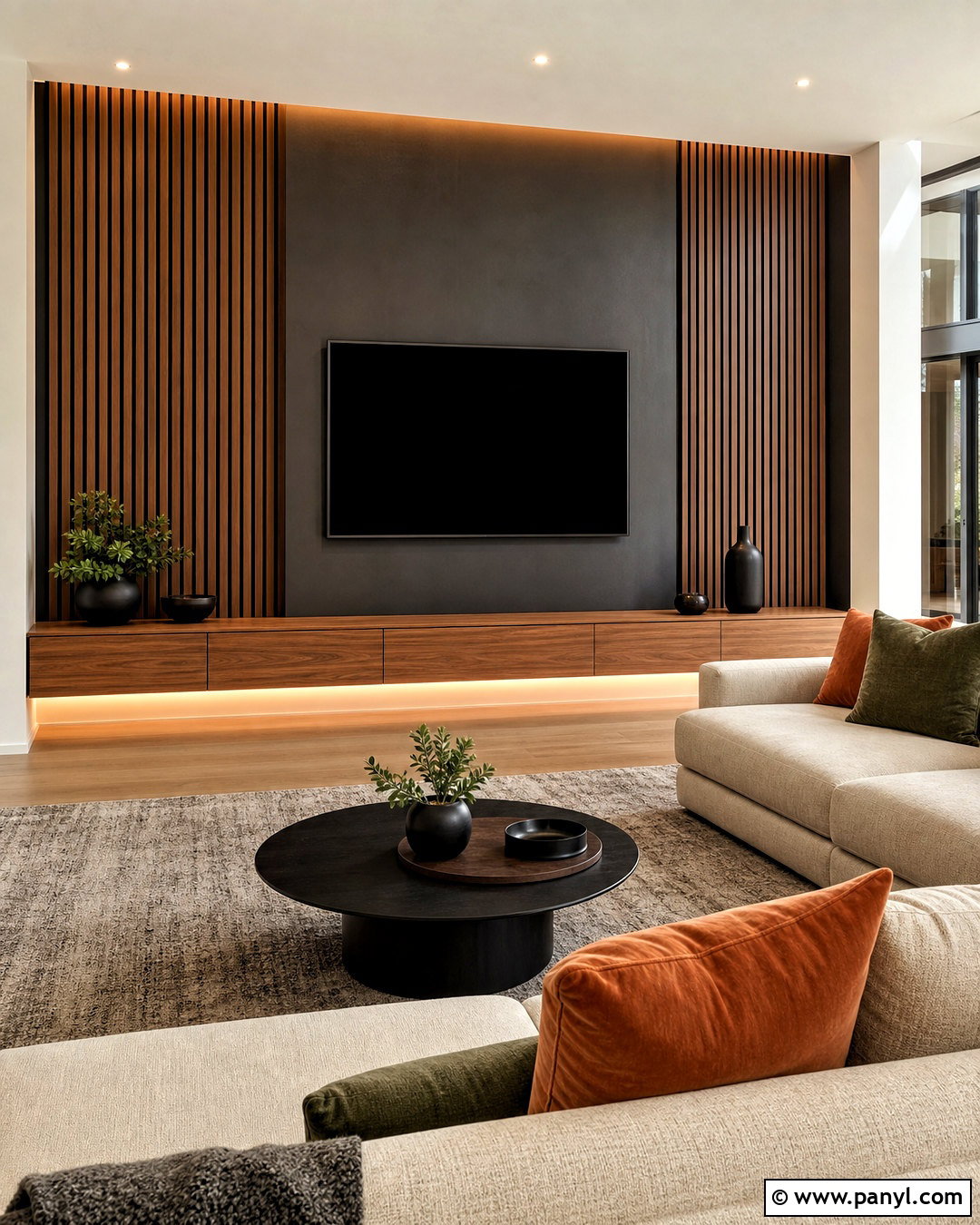 Charcoal Wood Slat Media Accent Wall - 20 moody accent wall ideas