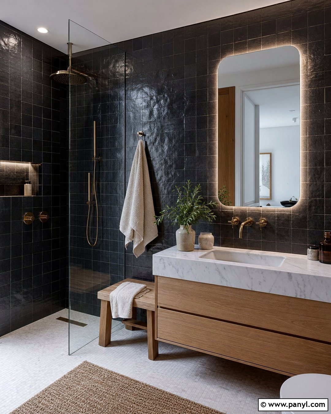 Charcoal Zellige Bathroom With Marble Sink - 20 Modern Bathroom With Dark Walls And Marble Sink Ideas