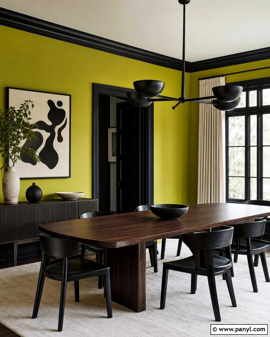 Chartreuse Green Dining Room With Black Trim - 25 Green Wall Black Trim Ideas