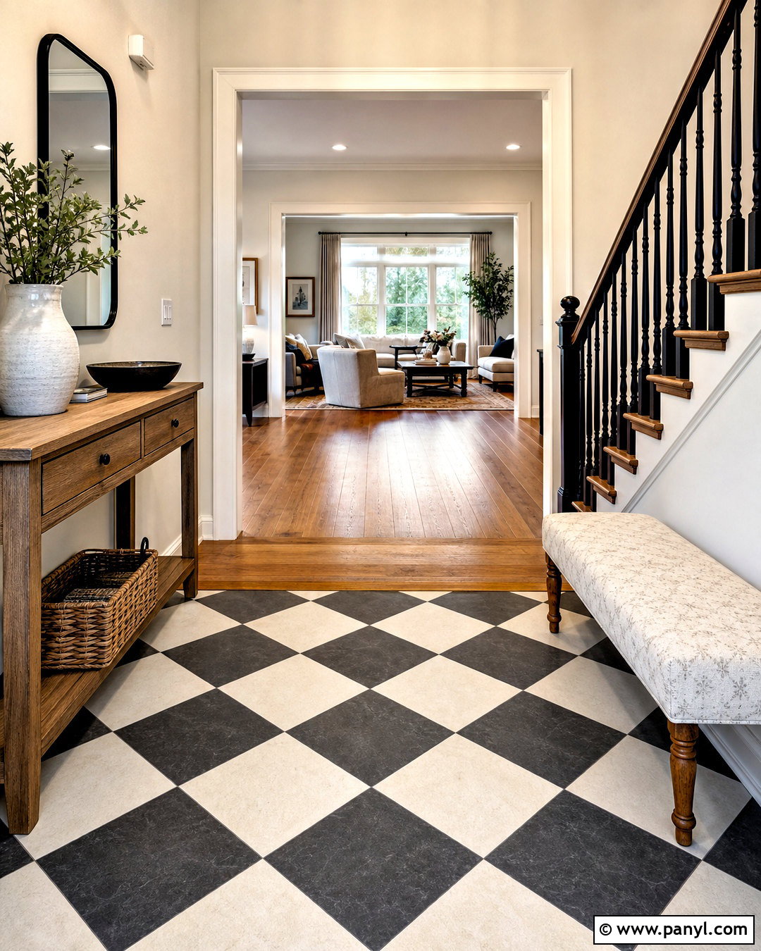 Checkerboard Tile And Medium Oak Hardwood - 20 tile and hardwood floor combination ideas