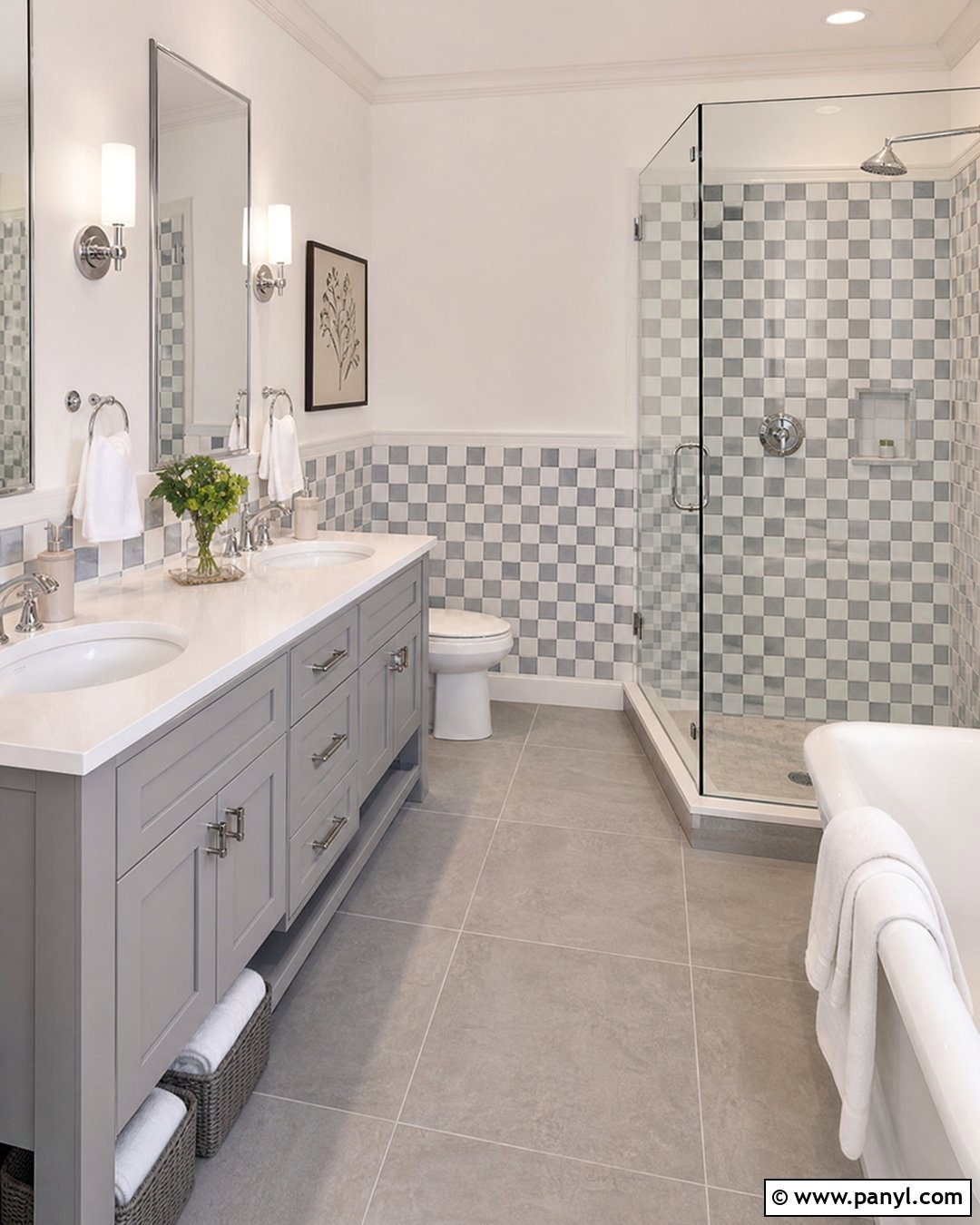Checkerboard Tile And White Bathroom Walls - 30 Two Toned Bathroom Walls