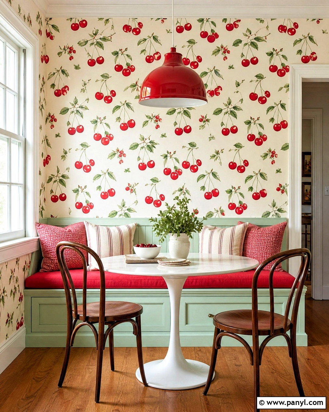 Cherry Print Red Wallpaper Breakfast Nook - 20 funky red wallpaper ideas