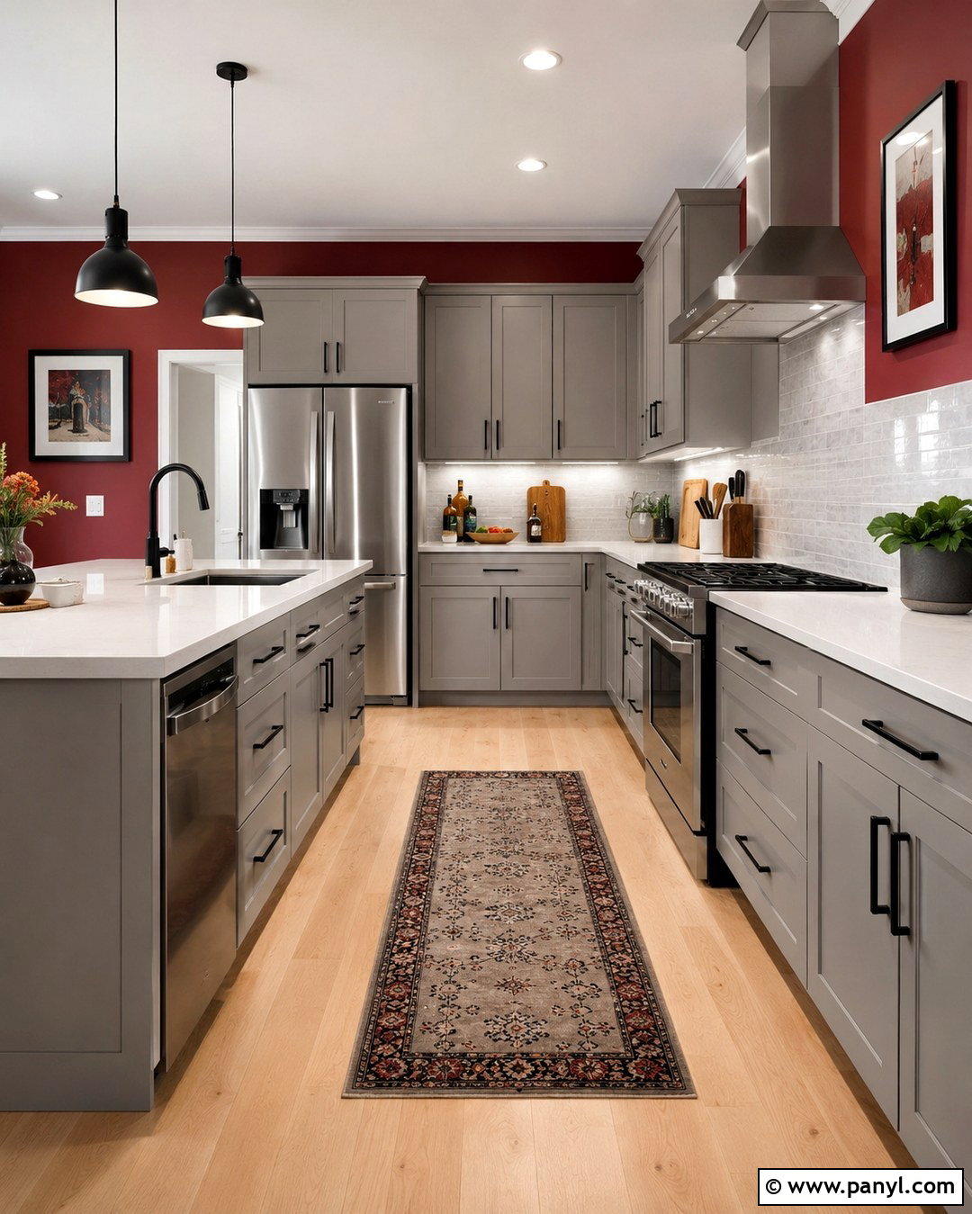 Cherry Red Accent Wall Kitchen With Gray Cabinets - 20 Red Accent Wall Kitchen Ideas