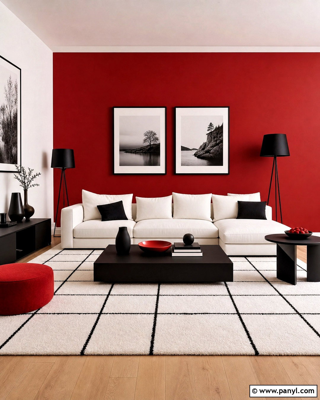Cherry Red Accent Wall With Black And White Decor - 20 red accent wall living room ideas