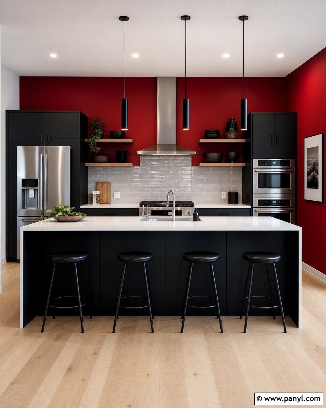 Cherry Red Kitchen Accent Wall With Black Cabinets - 20 Red Kitchen Wall Color Ideas