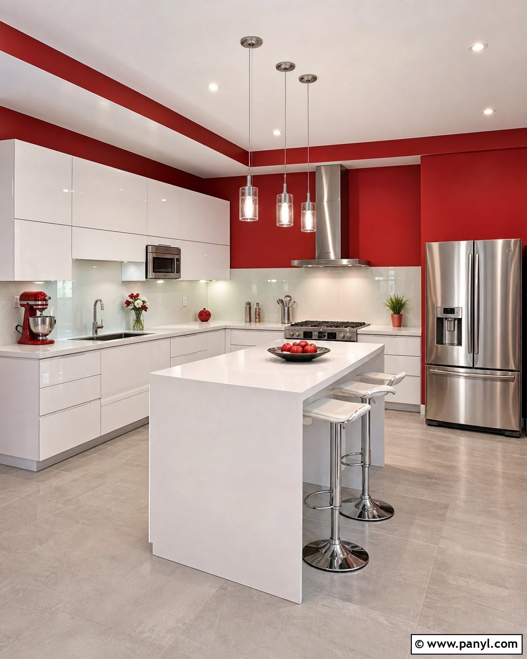 Cherry Red Kitchen Walls With Glossy Cabinets - 35 red kitchen walls