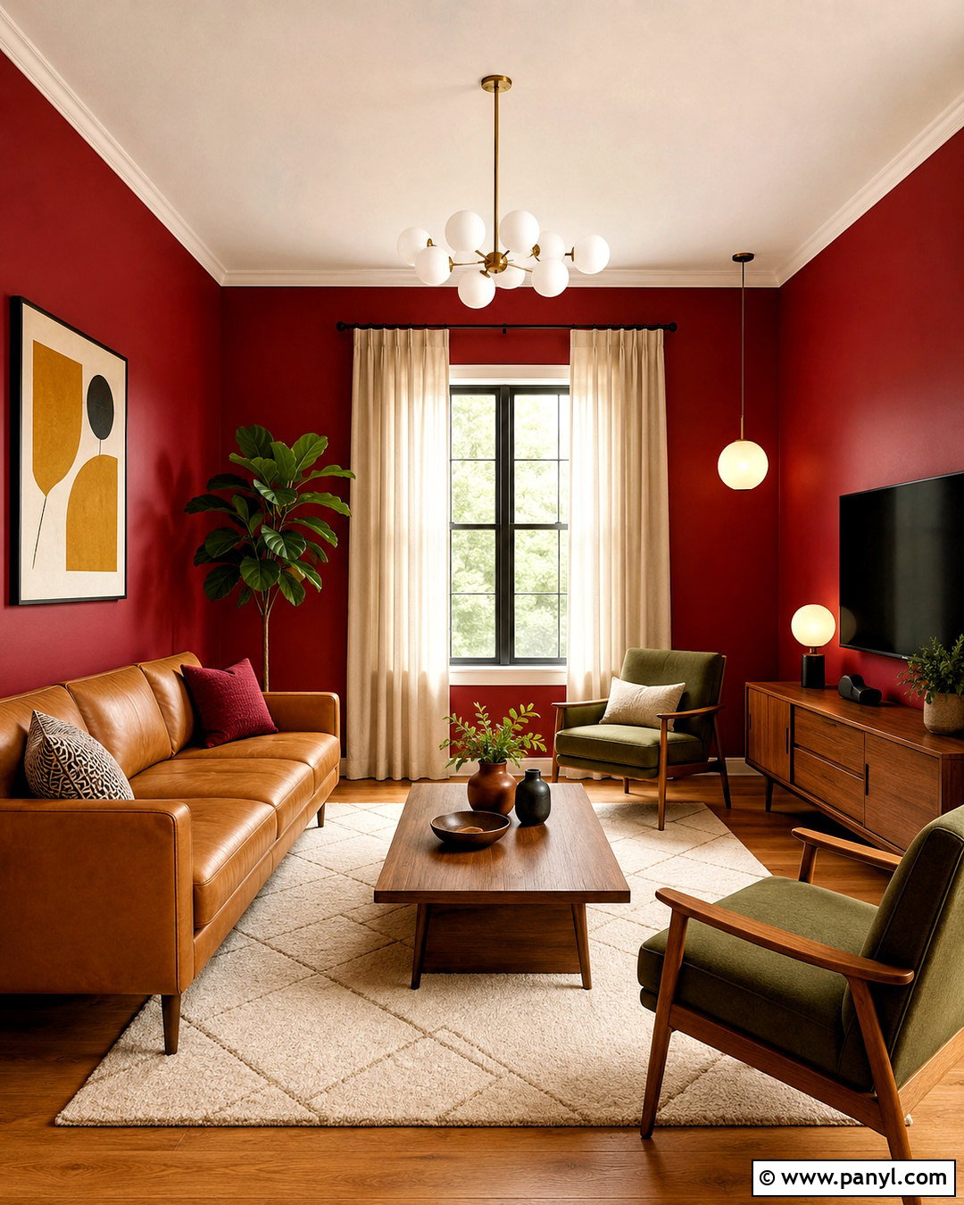 Cherry Red Mid-Century Living Room - 20 living room red walls