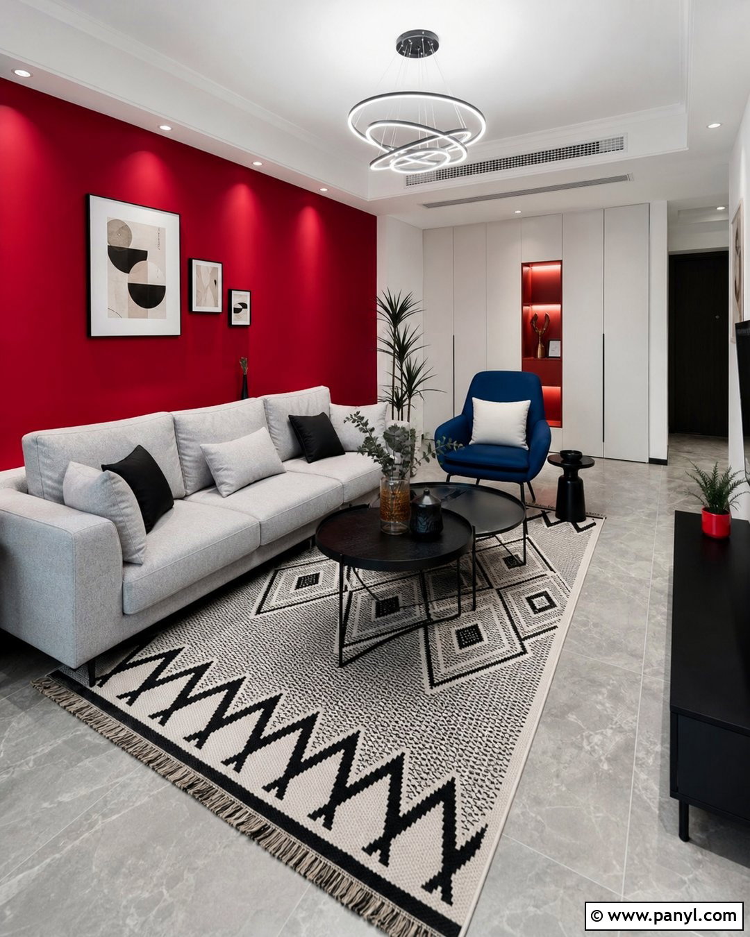 Cherry Red Wall Modern Living Room - 20 Red Wall Home Interior Ideas