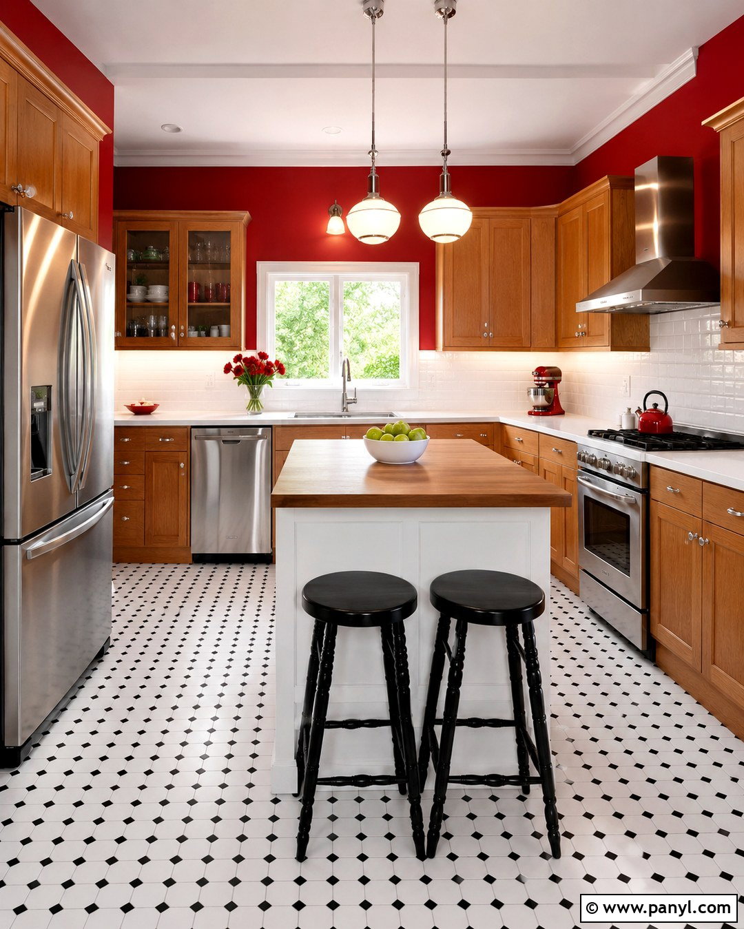 Cherry Red Walls With Medium Oak Cabinets - 20 Red Kitchen Walls With Oak Cabinets