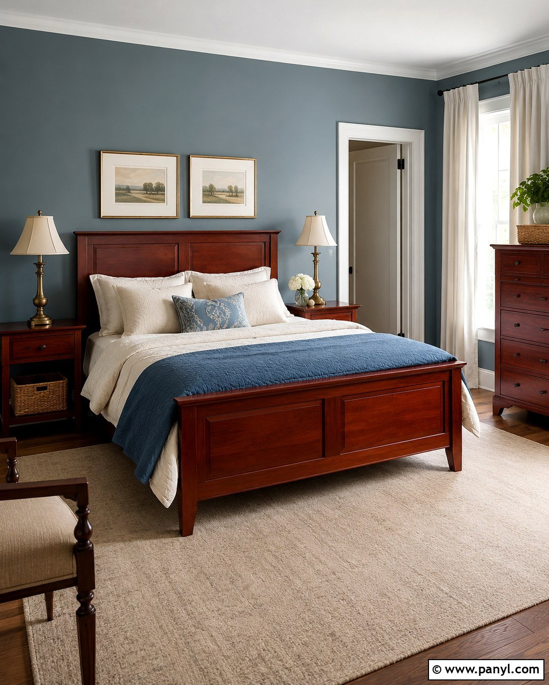 Cherry Wood And Dusty Blue Walls - 20 Wood And Wall Color Combination Ideas