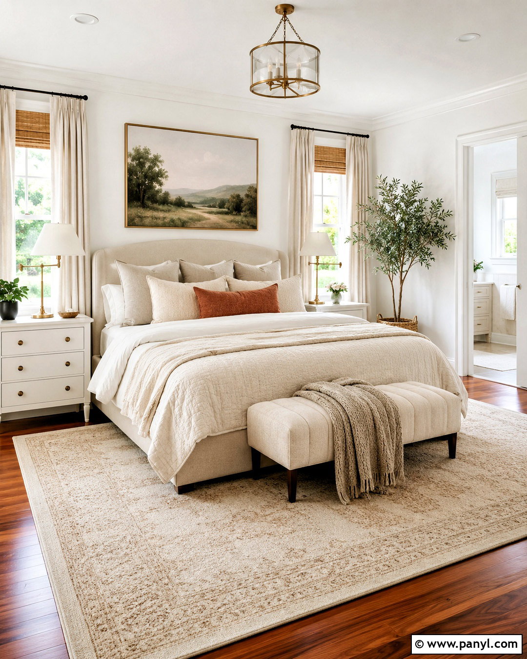Cherry Wood Floor Bedroom With Ivory Bedding - 20 White Walls Cherry Wood Floors