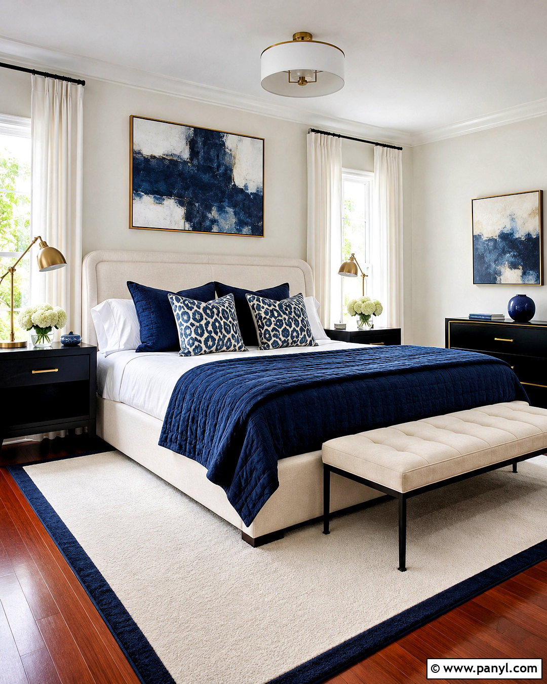 Cherry Wood Floor Bedroom With Navy Accents - 20 White Walls Cherry Wood Floors