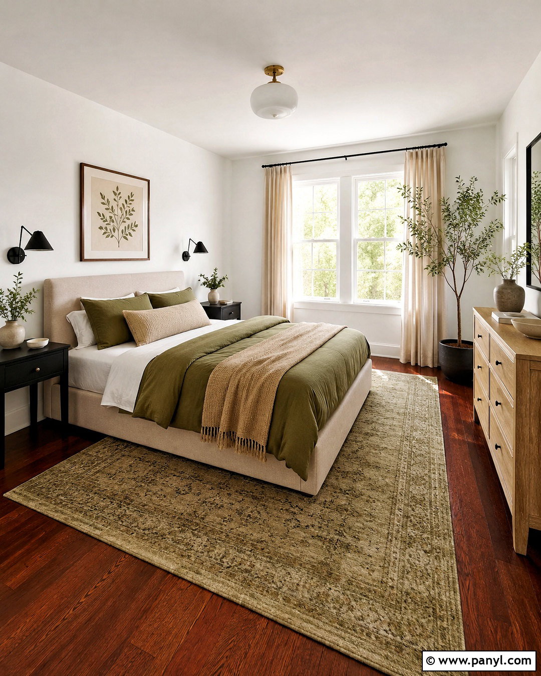 Cherry Wood Floor Bedroom With Olive Green Bedding - 20 White Walls Cherry Wood Floors