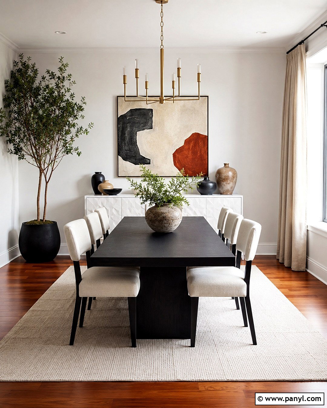 Cherry Wood Floor Dining Room With Black Table - 20 White Walls Cherry Wood Floors