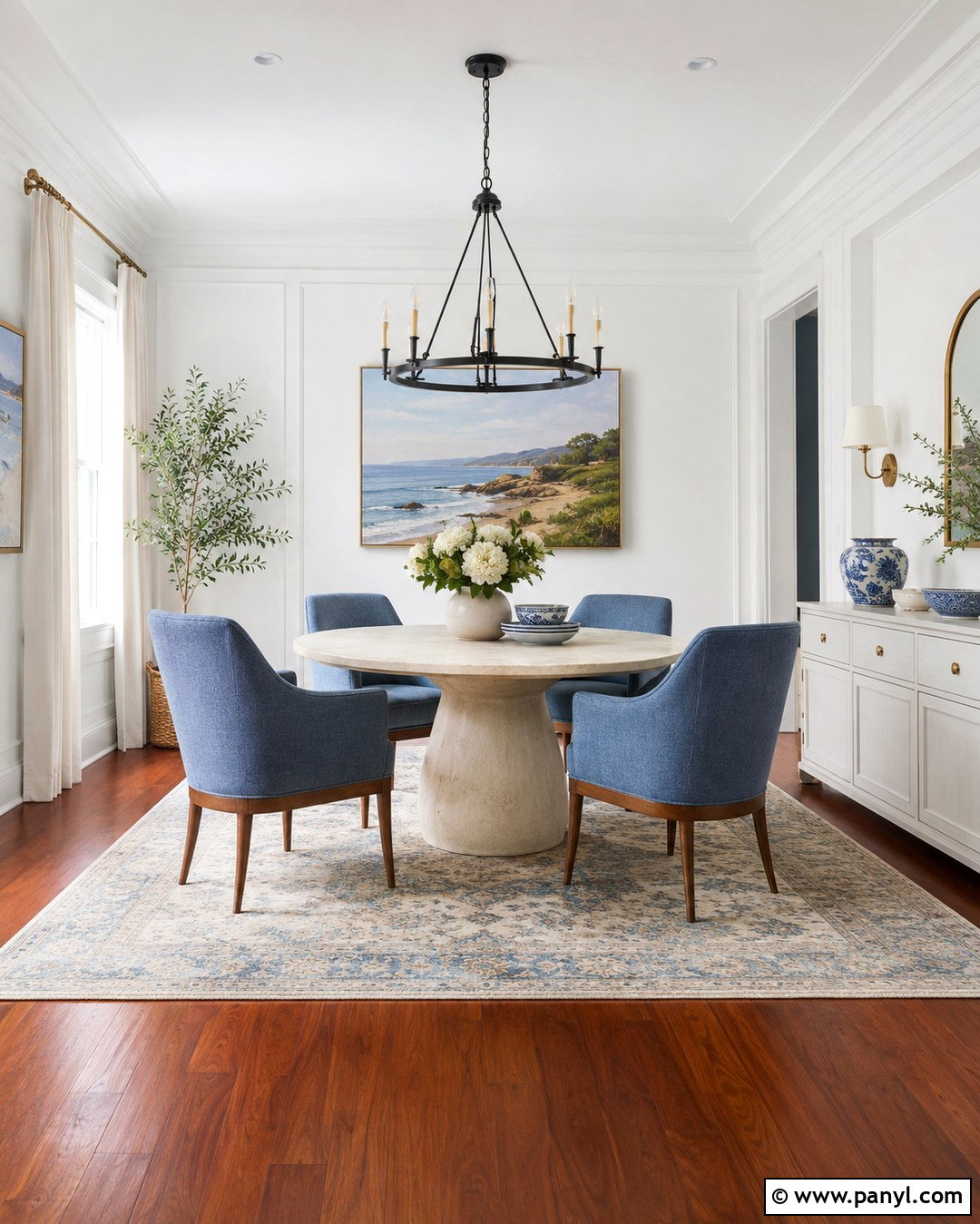 Cherry Wood Floor Dining Room With Blue Chairs - 20 White Walls Cherry Wood Floors