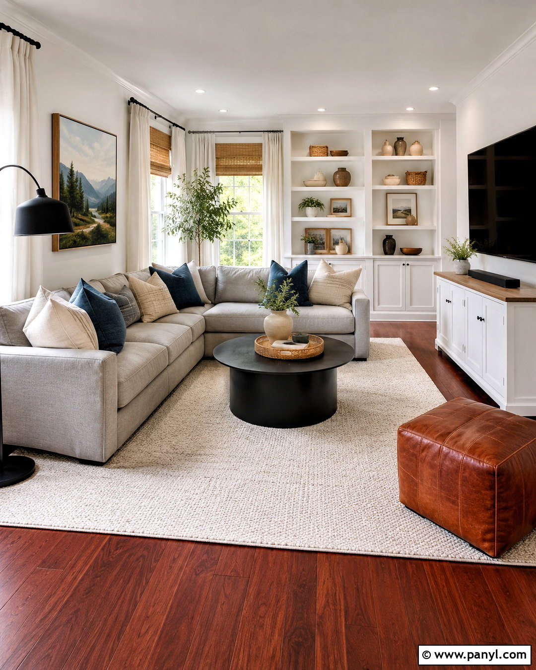 Cherry Wood Floor Family Room With Gray Sectional - 20 White Walls Cherry Wood Floors
