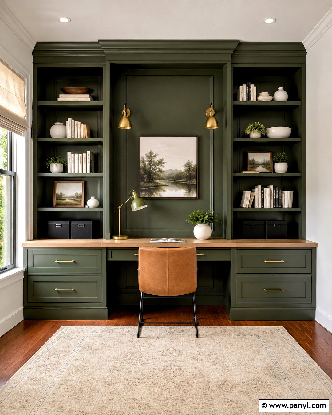 Cherry Wood Floor Home Office With Green Cabinets - 20 White Walls Cherry Wood Floors