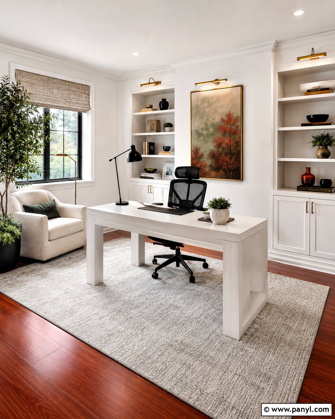 Cherry Wood Floor Home Office With White Desk - 20 White Walls Cherry Wood Floors