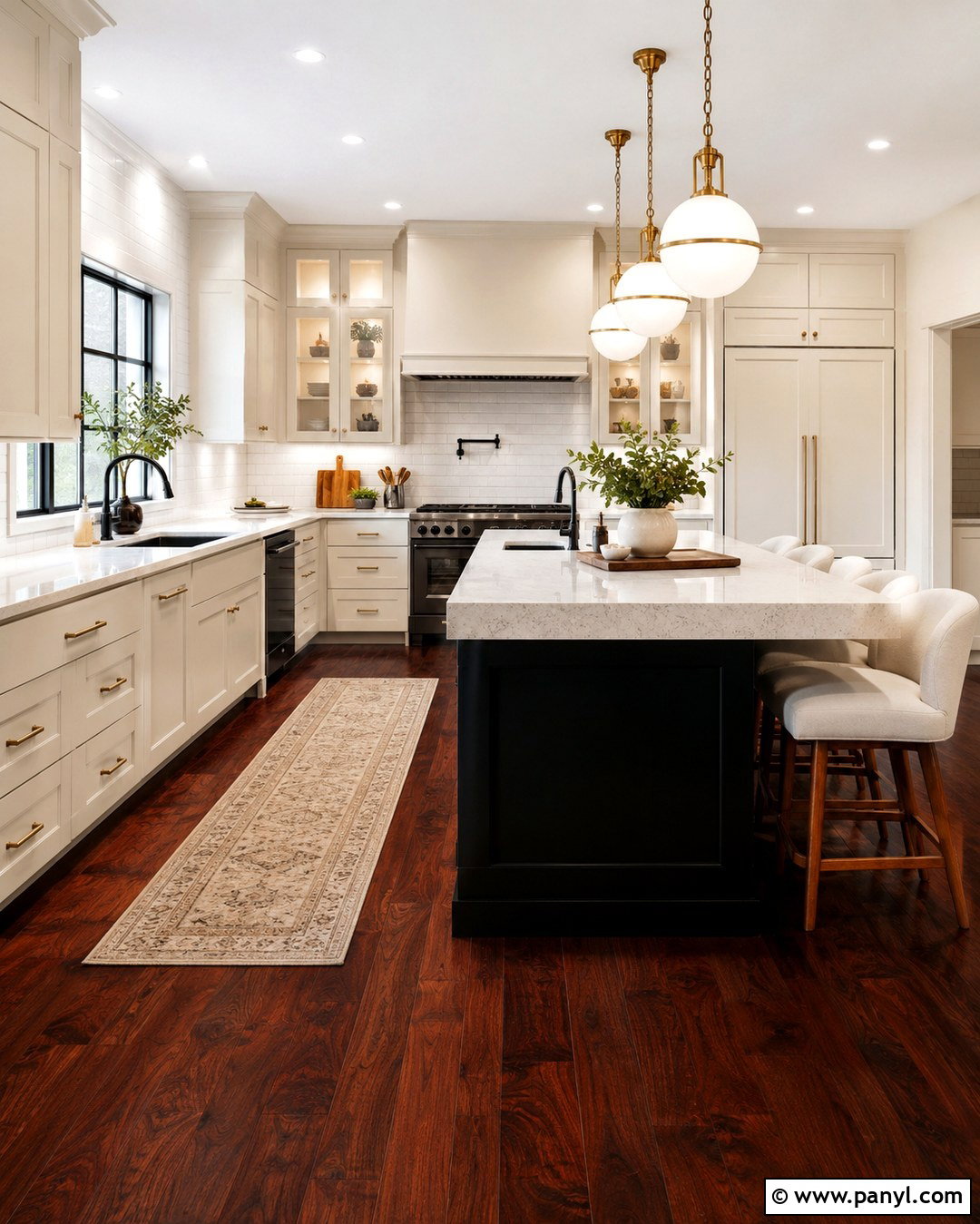 Cherry Wood Floor Kitchen With Black Island - 20 White Walls Cherry Wood Floors
