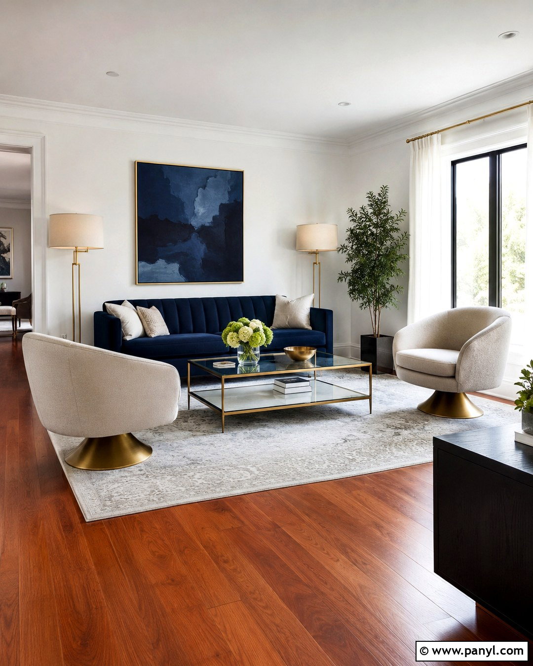 Cherry Wood Floor Living Room With Navy Sofa - 20 White Walls Cherry Wood Floors