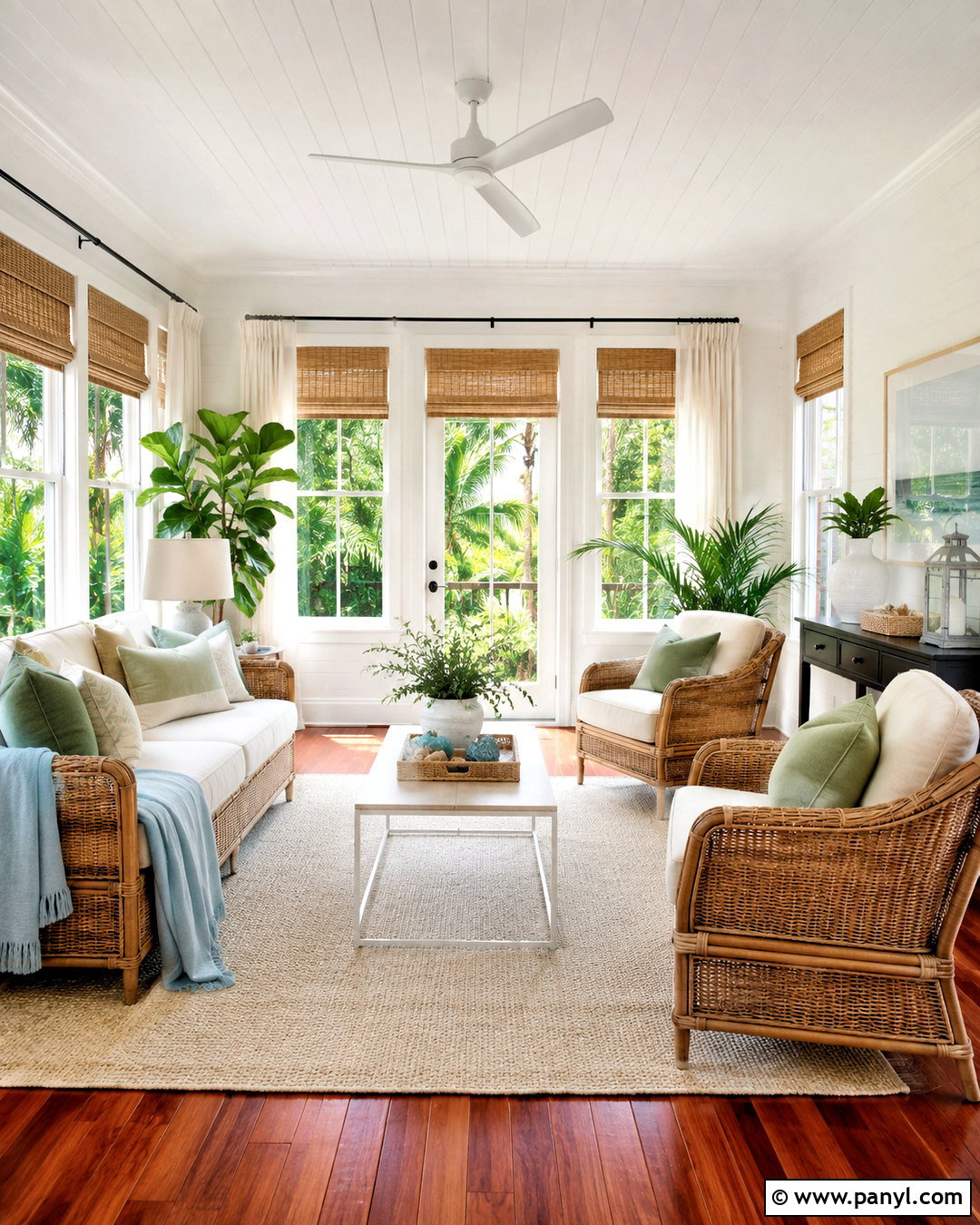 Cherry Wood Floor Sunroom With Rattan Furniture - 20 White Walls Cherry Wood Floors