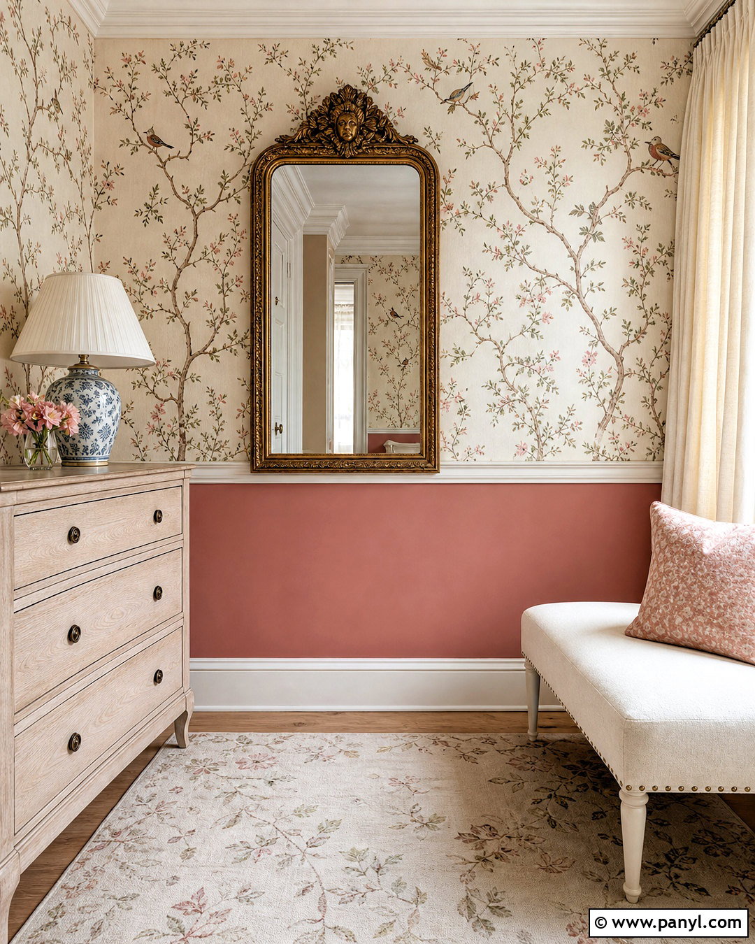 Chinoiserie Wallpaper With Dusty Rose Paint - 20 half wallpaper half paint ideas