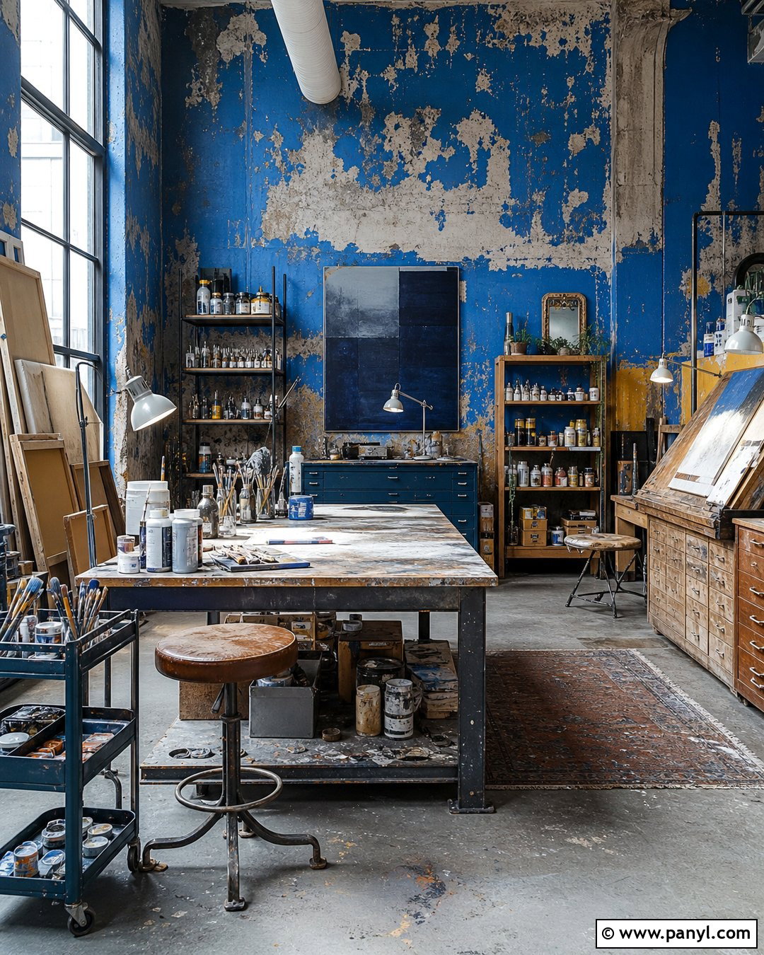 Chipped Cobalt Blue Art Studio - 20 Blue Wall Decayed Room Ideas