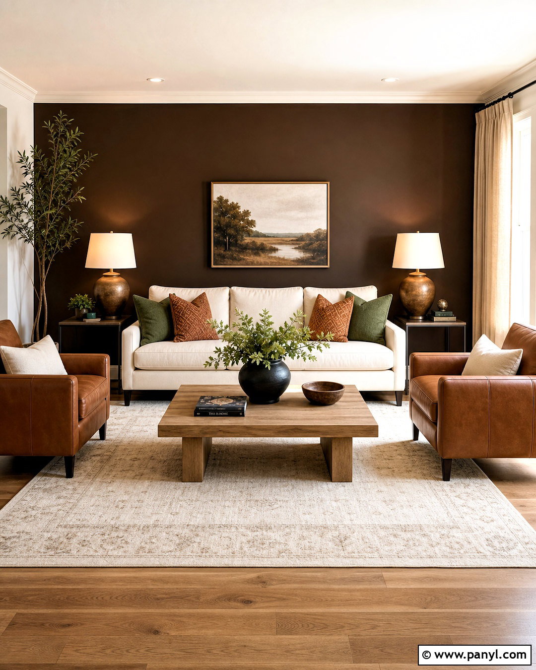 Chocolate Brown Accent Wall With Cream Sofa - 20 brown accent wall living room ideas