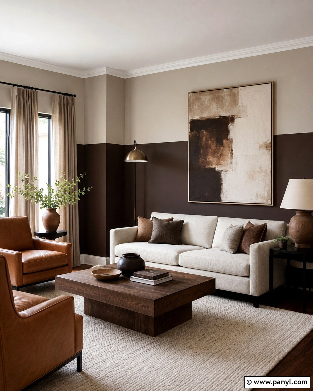 Chocolate Brown And Taupe Half-Painted Living Room - 20 Room Painted Half And Half Ideas