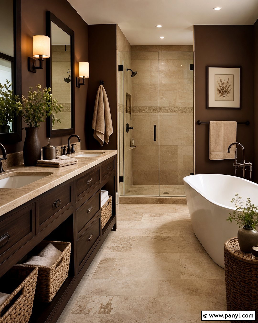 Chocolate Brown Bathroom Walls With Travertine - 30 Bathroom Dark Walls