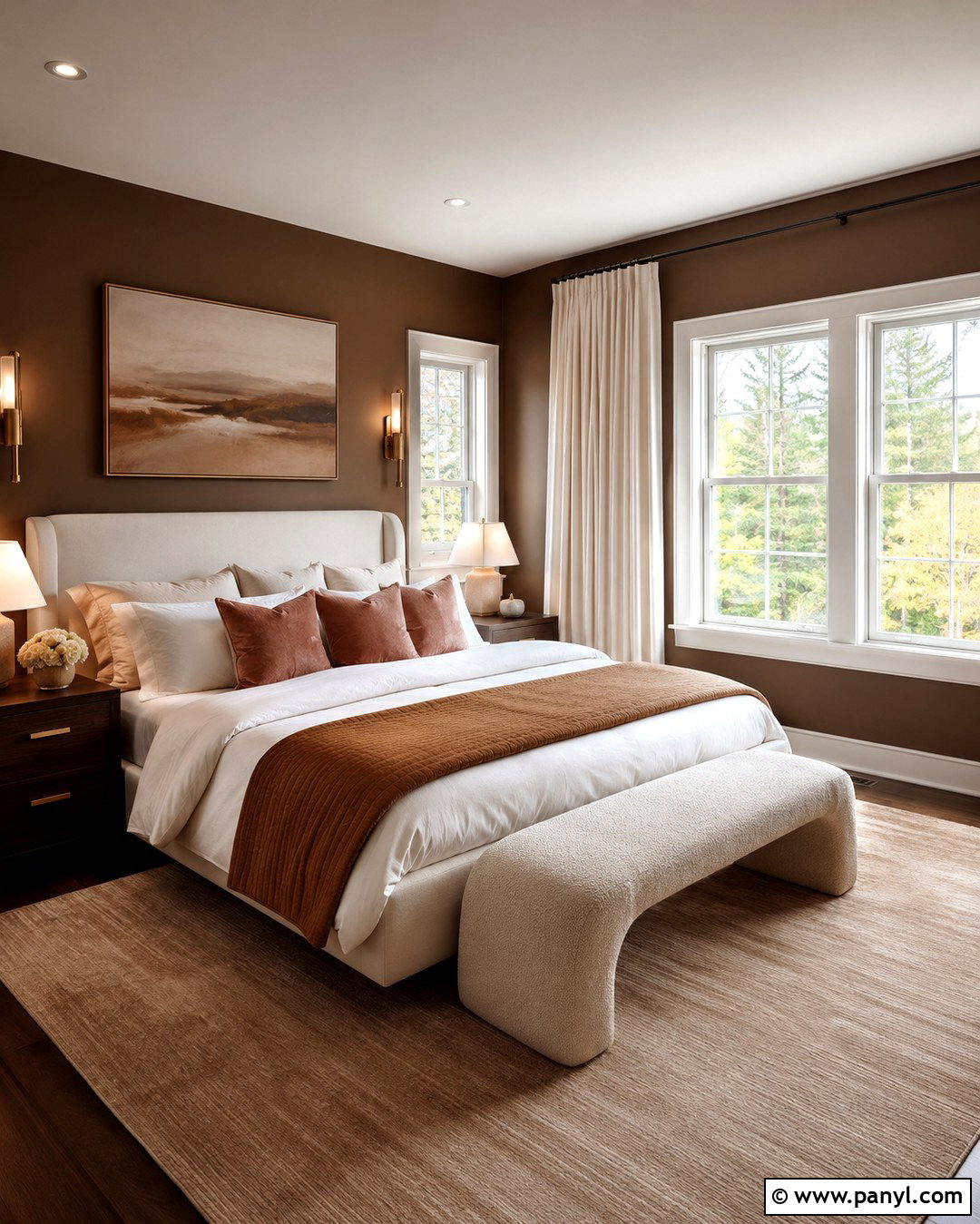 Chocolate Brown Bedroom With White Windows - 20 Dark Walls With White Windows